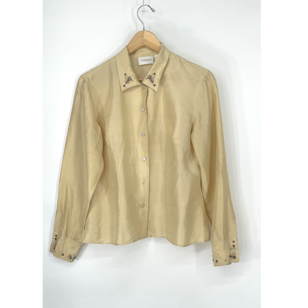 Liz Claiborne Women Shirt 100% Silk L Button Down Yellow Embroidered Blouse